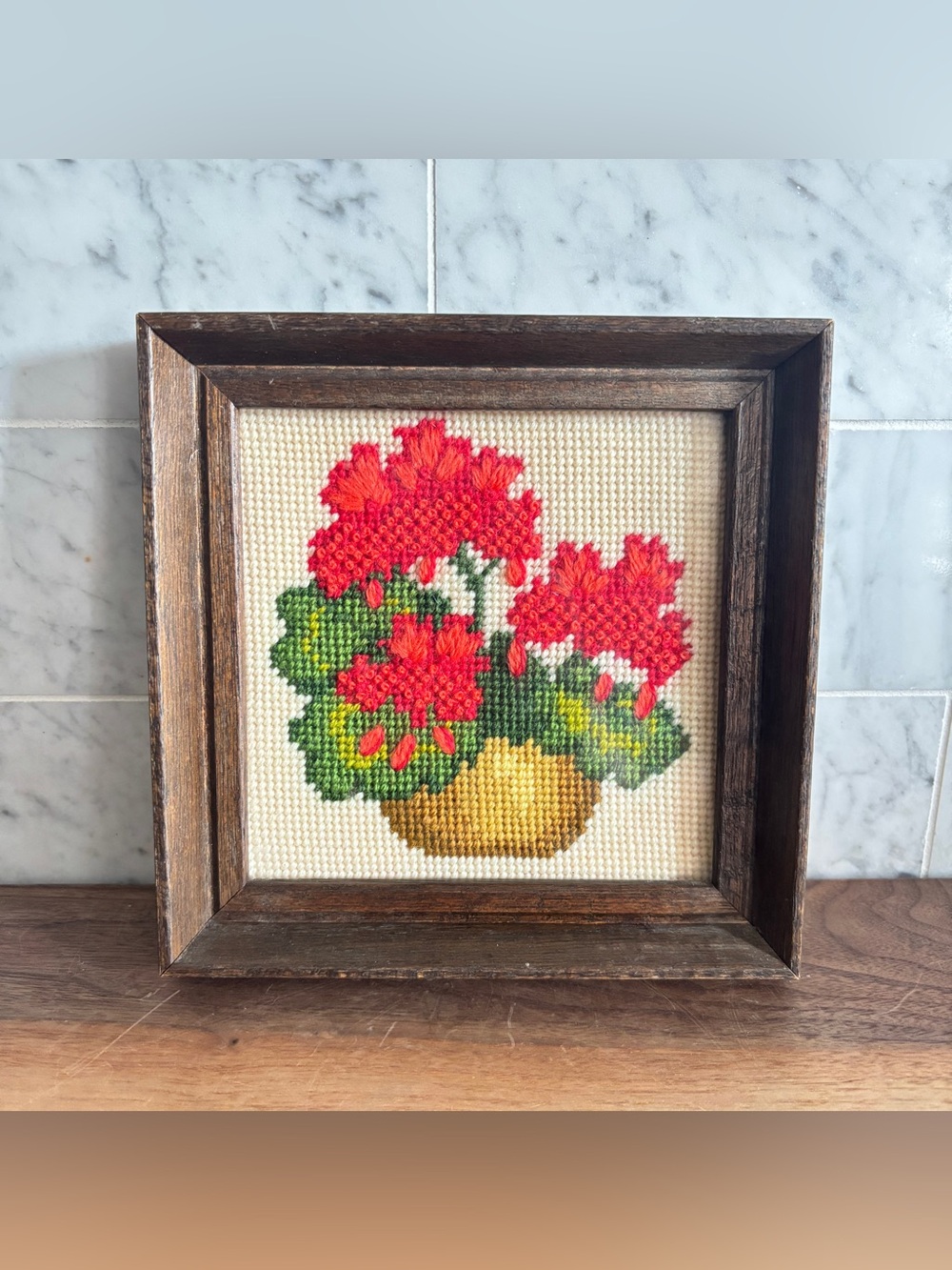 Vintage Square Framed Needlepoint Embroidered Art of Red Geranium Flowers